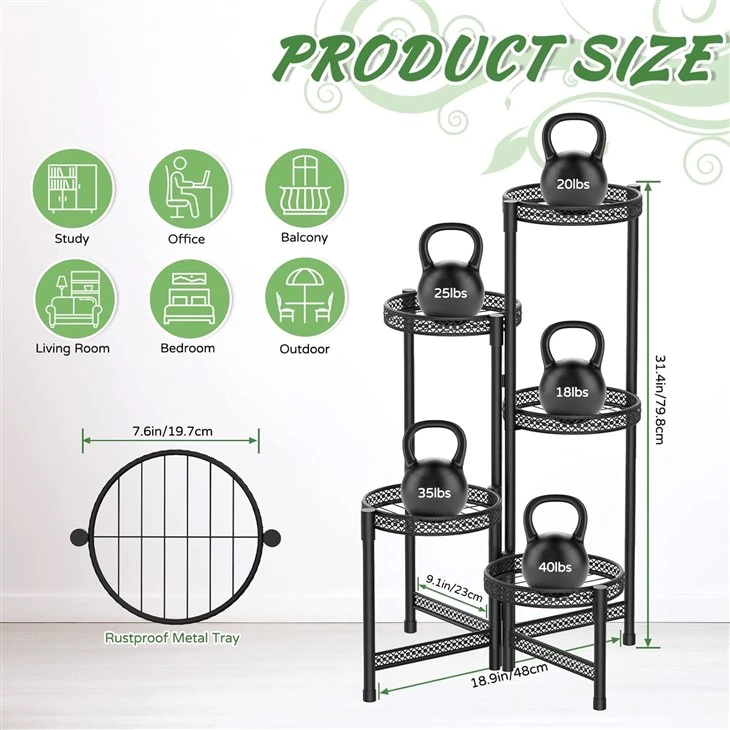 5 Tier Metal Plant Stand For Indoor Outdoor, Foldable Corner Tall Plant Shelf Display Stand